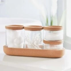 B&M Storage Jars 5pk -Home Decor Store 373970 set of 4 glass storage jars with cork lids and tray