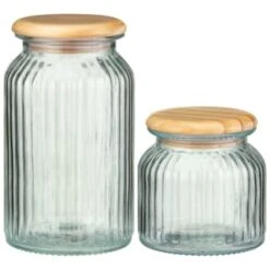 B&M Small Ribbed Glass Jar With Wooden Lid -Home Decor Store 394426 394427 ribbed glass jar with wooden lid group 1
