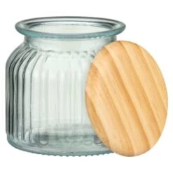 B&M Small Ribbed Glass Jar With Wooden Lid -Home Decor Store 394427 ribbed glass jar with wooden lid small