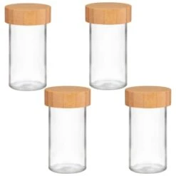 B&M Set Of 4 Glass Spice Jars With Bamboo Wood Base -Home Decor Store 394437 set of 4 glass spice jars with bamboo wood lid and base group