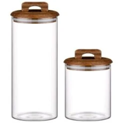 B&M Small Glass Jar With Acacia Wood Lid -Home Decor Store 394438 394439 glass canister with acacia wood group